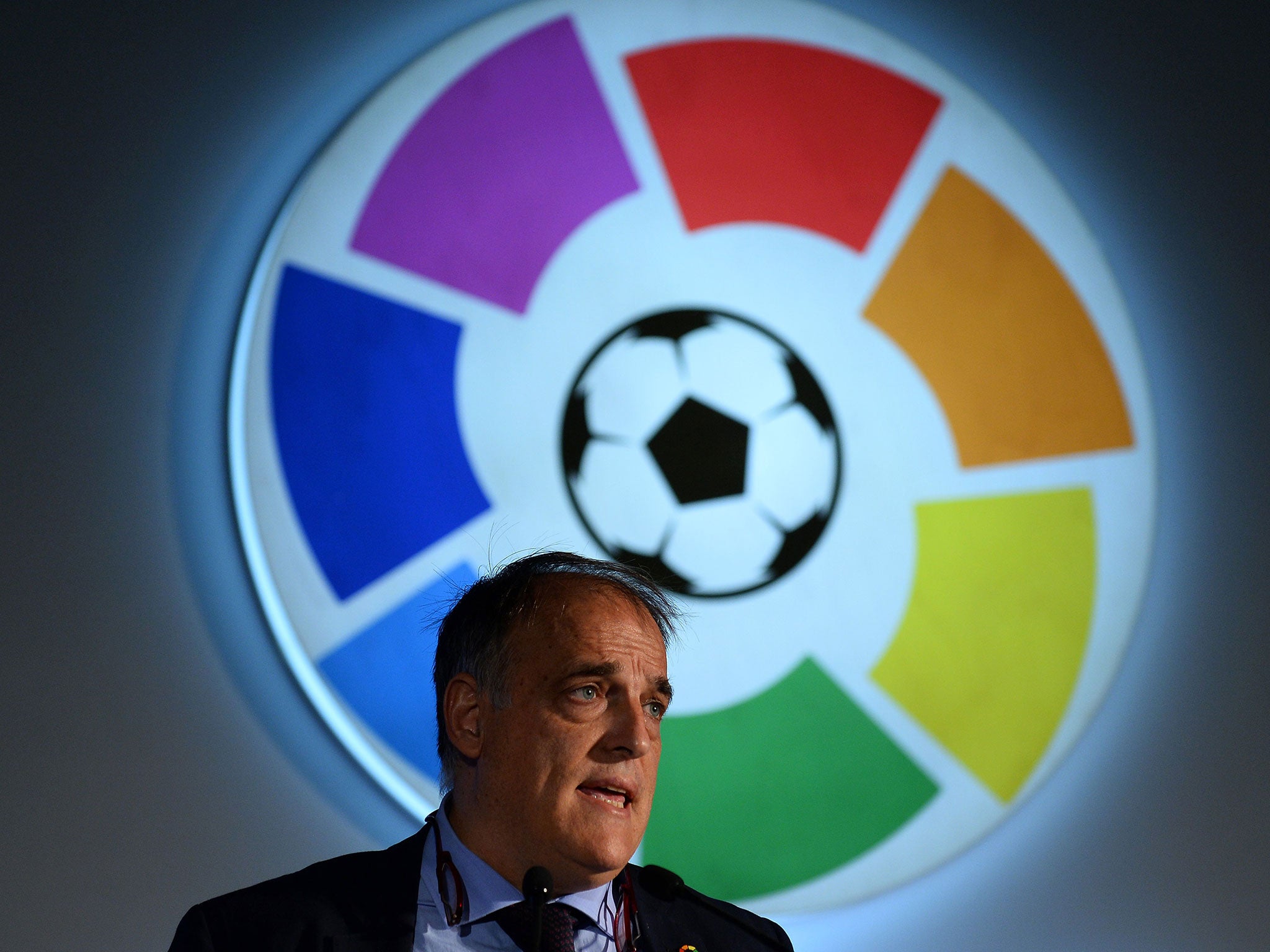 Javier Tebas, president of Spanish football league La Liga, speaks during a promotional event in New Delhi