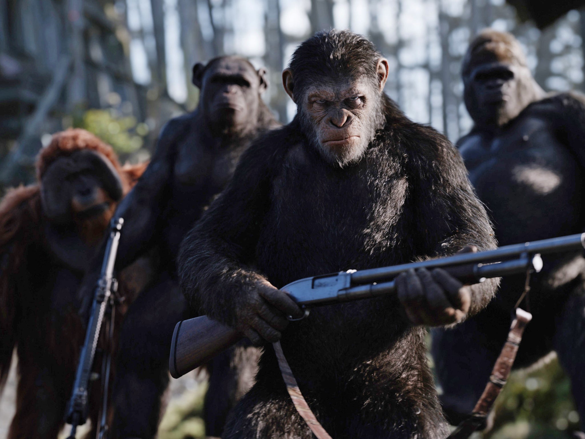 Apeing: Serkis as Caesar (centre) in ‘War for the Planet of the Apes’