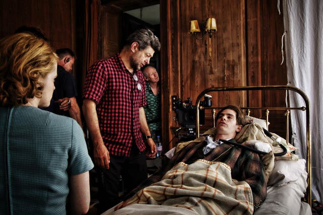 Andy Serkis (left) on the set of 'Breathe', about a man paralysed by polio (right, Andrew Garfield)