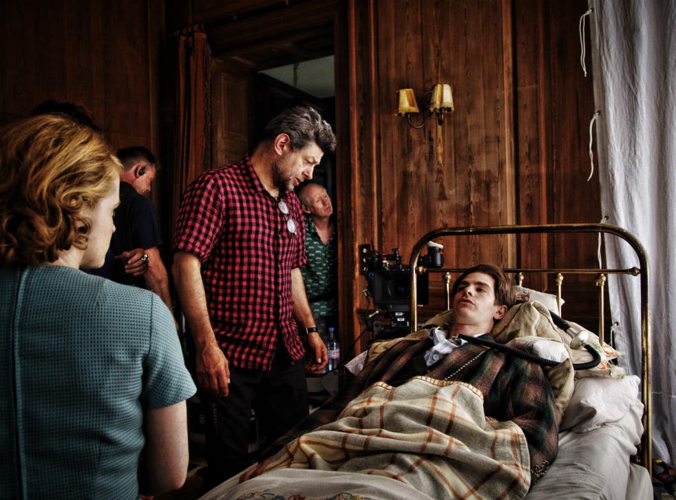 Andy Serkis (left) on the set of 'Breathe', about a man paralysed by polio (right, Andrew Garfield)