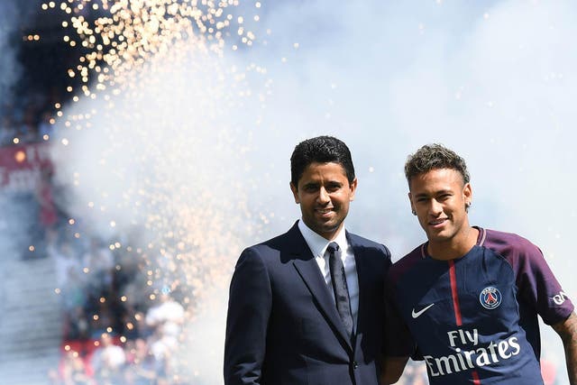 The PSG president welcomes Neymar to the French club in a world record £200m transfer. Getty