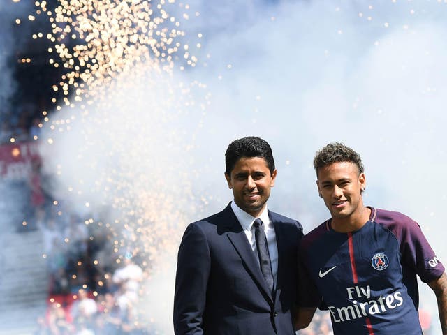 The PSG president welcomes Neymar to the French club in a world record £200m transfer. Getty