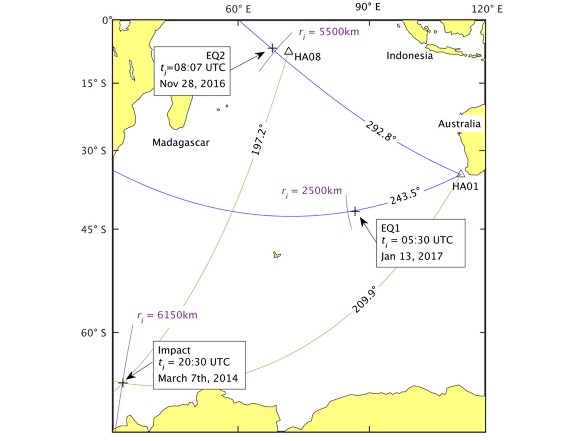 Location of earthquakes, and of signal thought to be from an object impacting the surface (Davide Crivelli/Usama Kadri)