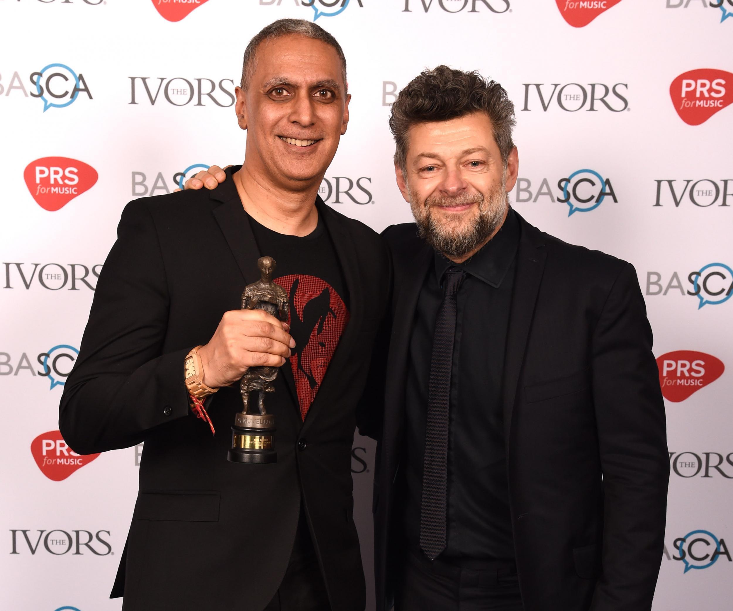 &#13;
Nitin Sawhney with Andy Serkis at the 2017 Ivor Novellos – Serkis presented his friend and collaborator with the Lifetime Achievement Award&#13;