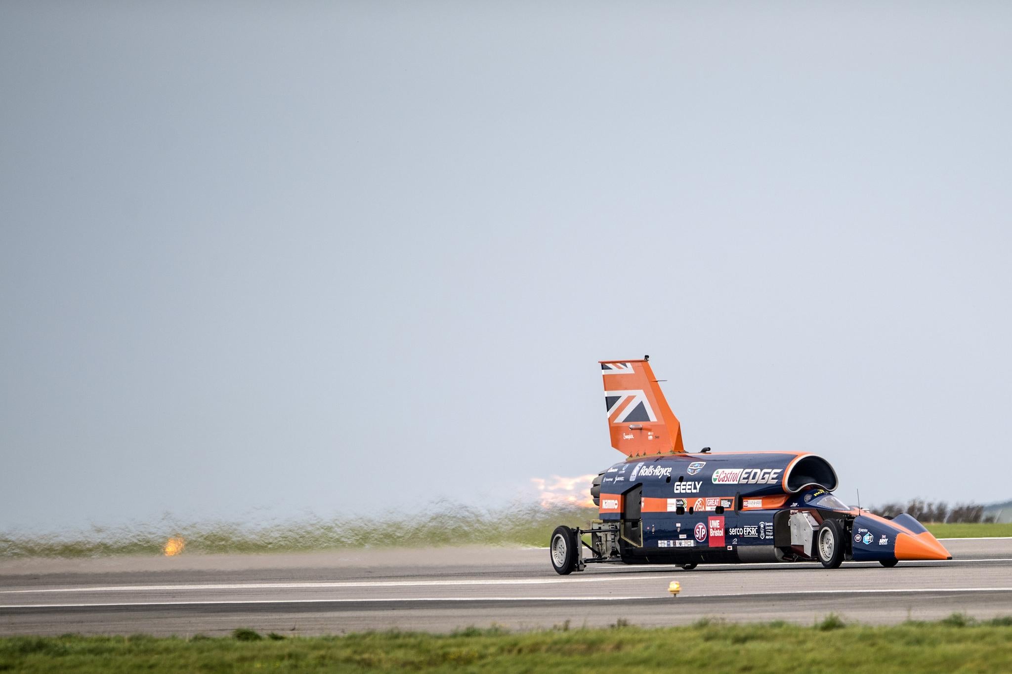 The Bloodhound supersonic car, driven by Royal Air Force Wing Commander Andy Green, undergoes a test run at the airport on October 26, 2017 in Newquay, England