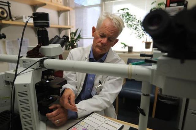 Dr Hannes Vogel, head of neuropathology at Stanford University, looking at brain tissue slides in his lab
