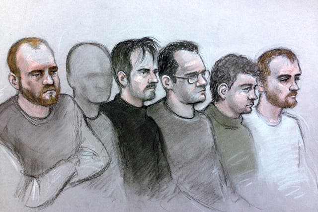 Christopher Lythgoe, a 22-year-old man from Lancashire who cannot be named for legal reasons, Garron Helm, Michael Trubini, Andrew Clarke and Matthew Hankinson at Westminster Magistrates' Court in London
