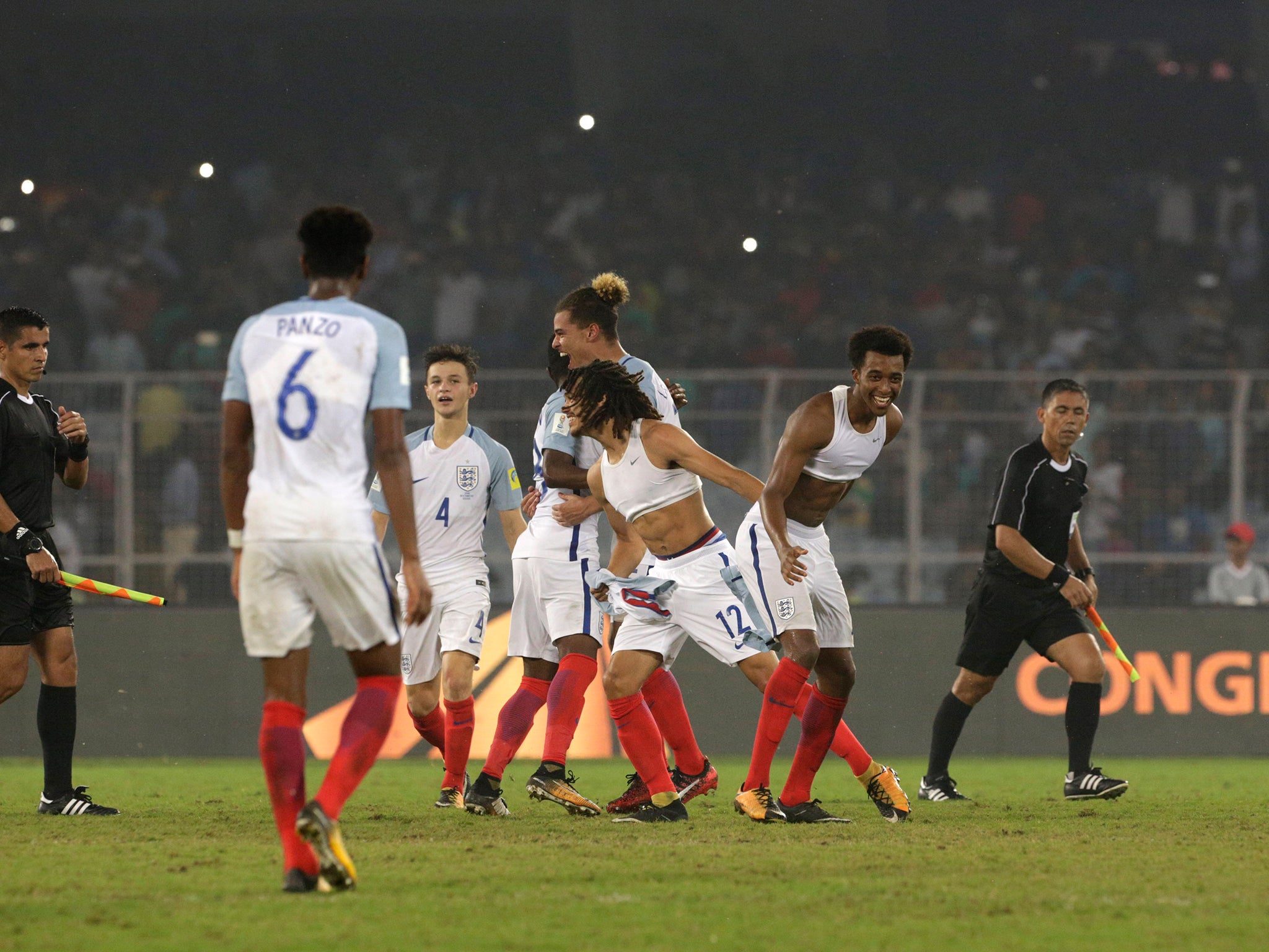 England Under-17s react at the full-time whistle after their World Cup-winning victory over Spain