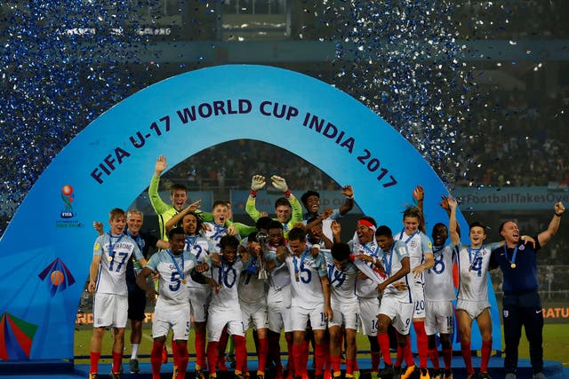England celebrate winning the Under-17s World Cup in India