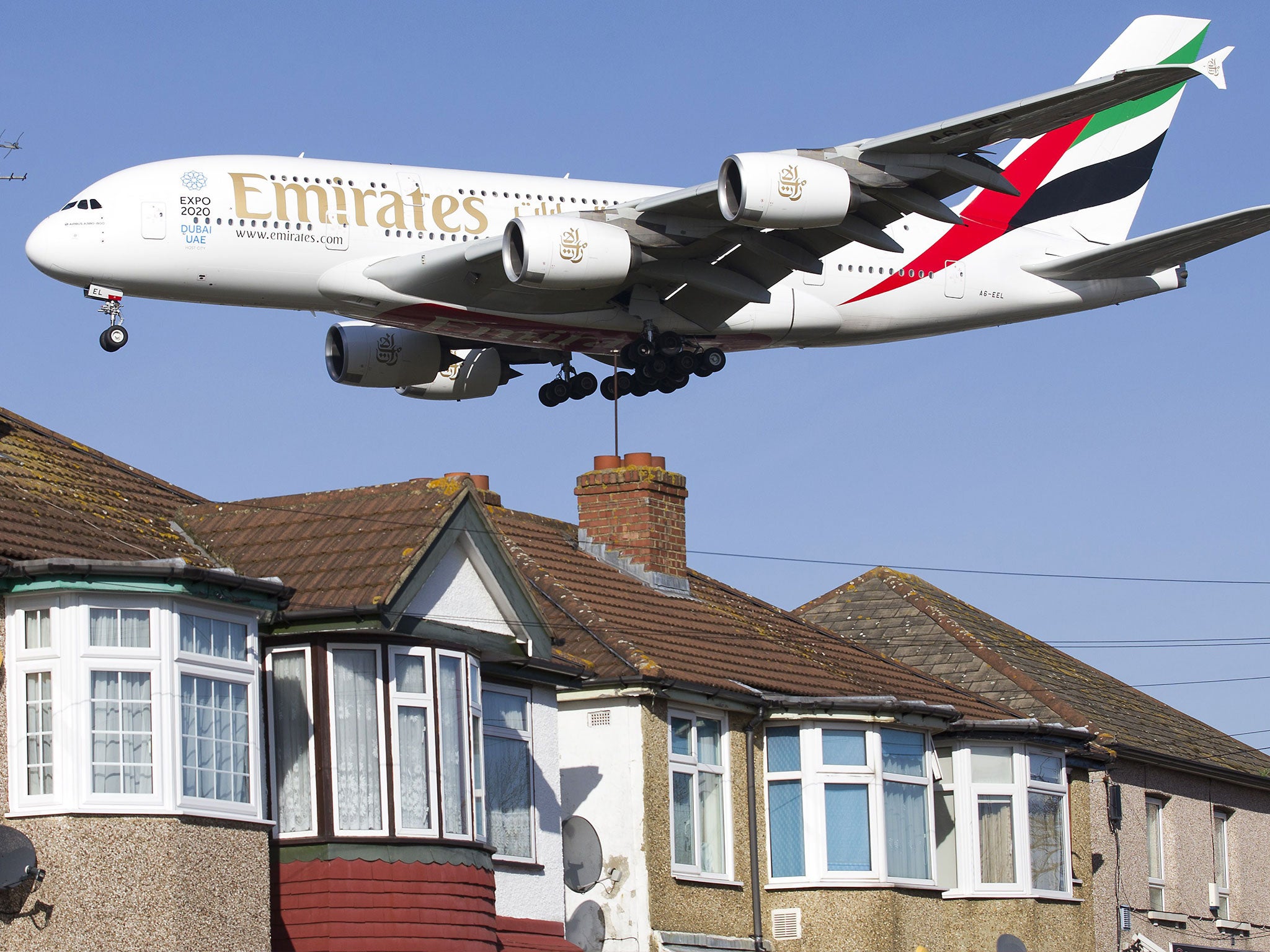 An Emirates A380 landing at London Heathrow airport
