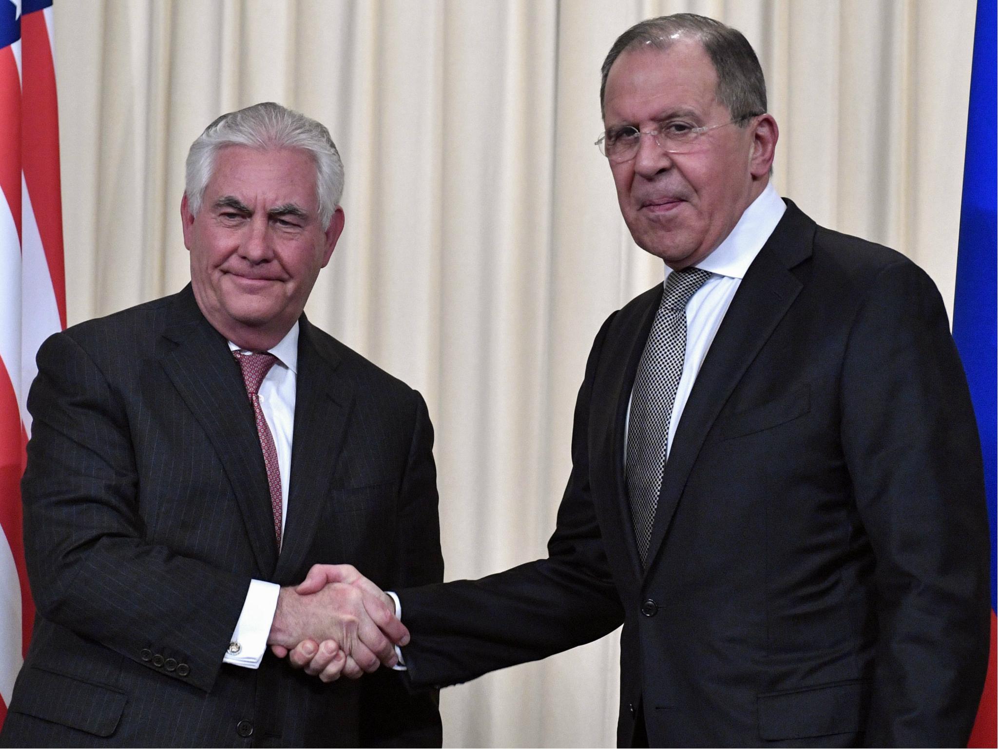 Russian Foreign Minister Sergei Lavrov shakes hands with US Secretary of State Rex Tillerson after a press conference in Moscow on 12 April 2017.