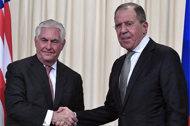 Russian Foreign Minister Sergei Lavrov shakes hands with US Secretary of State Rex Tillerson after a press conference in Moscow on 12 April 2017.