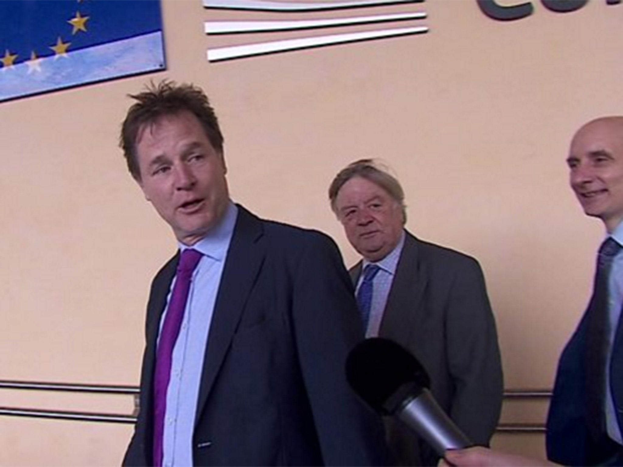 Nick Clegg, Ken Clarke and Lord Adonis on their way into the European Commission building to meet Michel Barnier