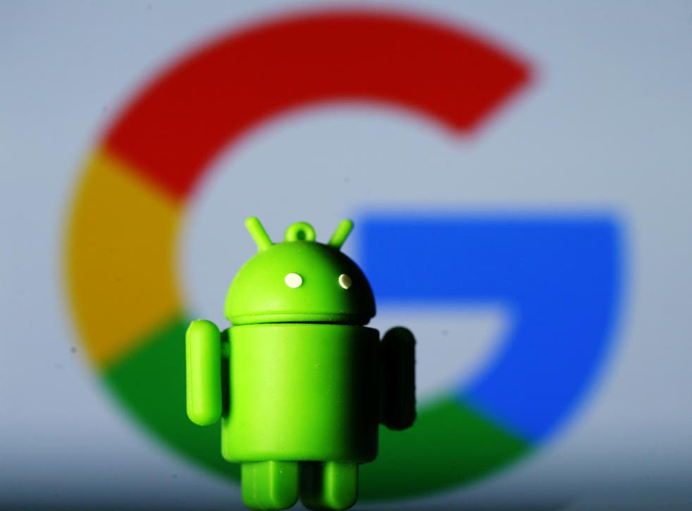 A 3D printed Android mascot Bugdroid is seen in front of a Google logo in this illustration taken July 9, 2017. Picture taken July 9, 2017