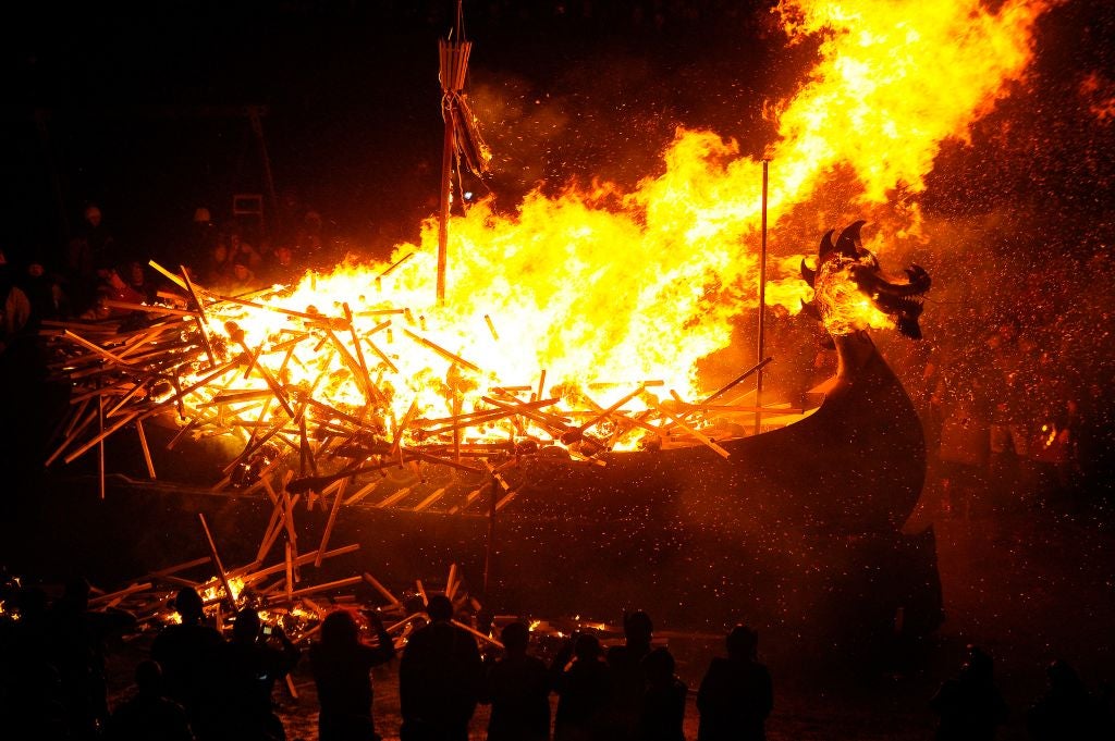 A Viking longboat gets burnt at Up Helly Aa