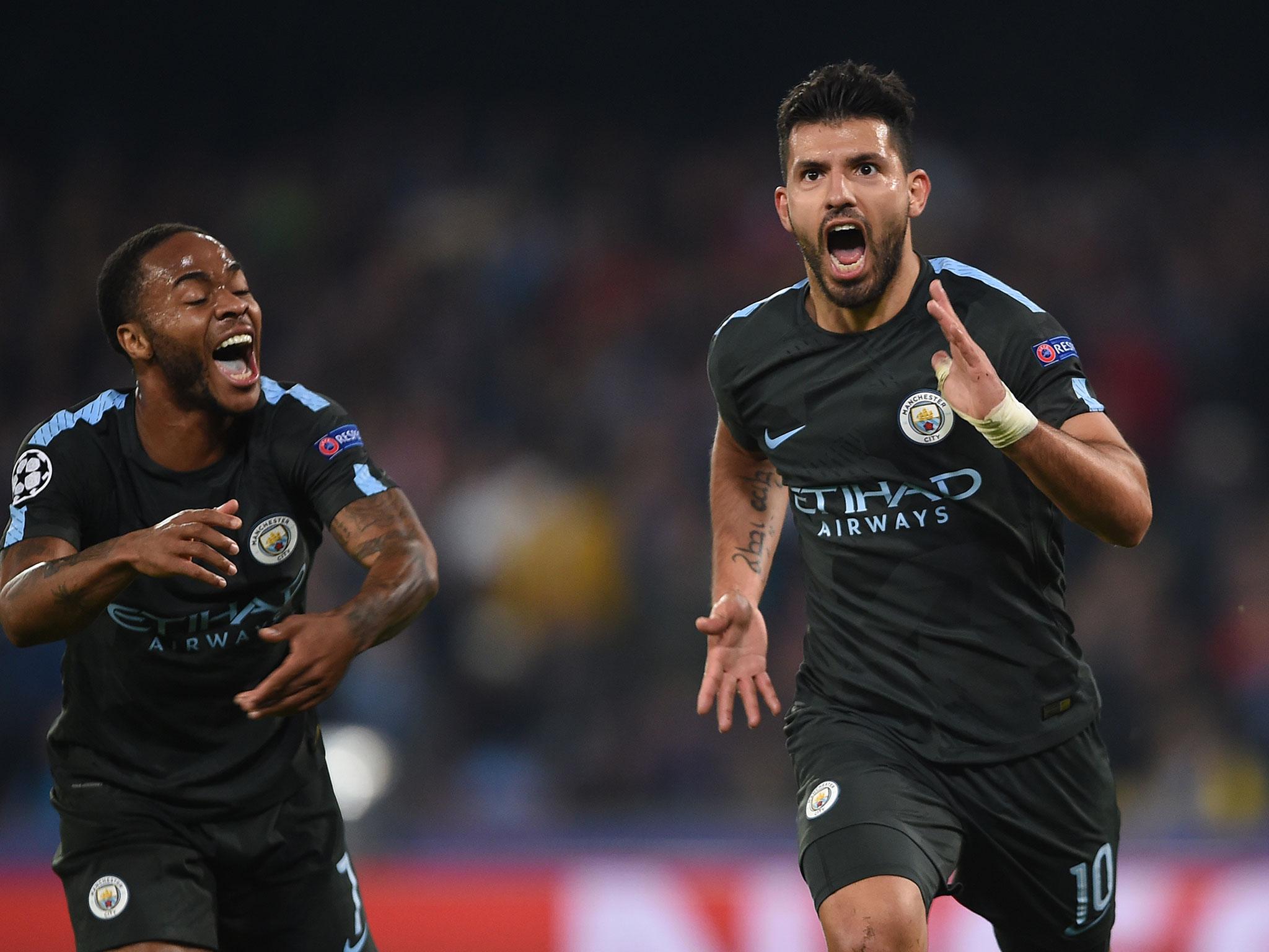 Sergio Aguero celebrates scoring his 178th goal for Manchester City