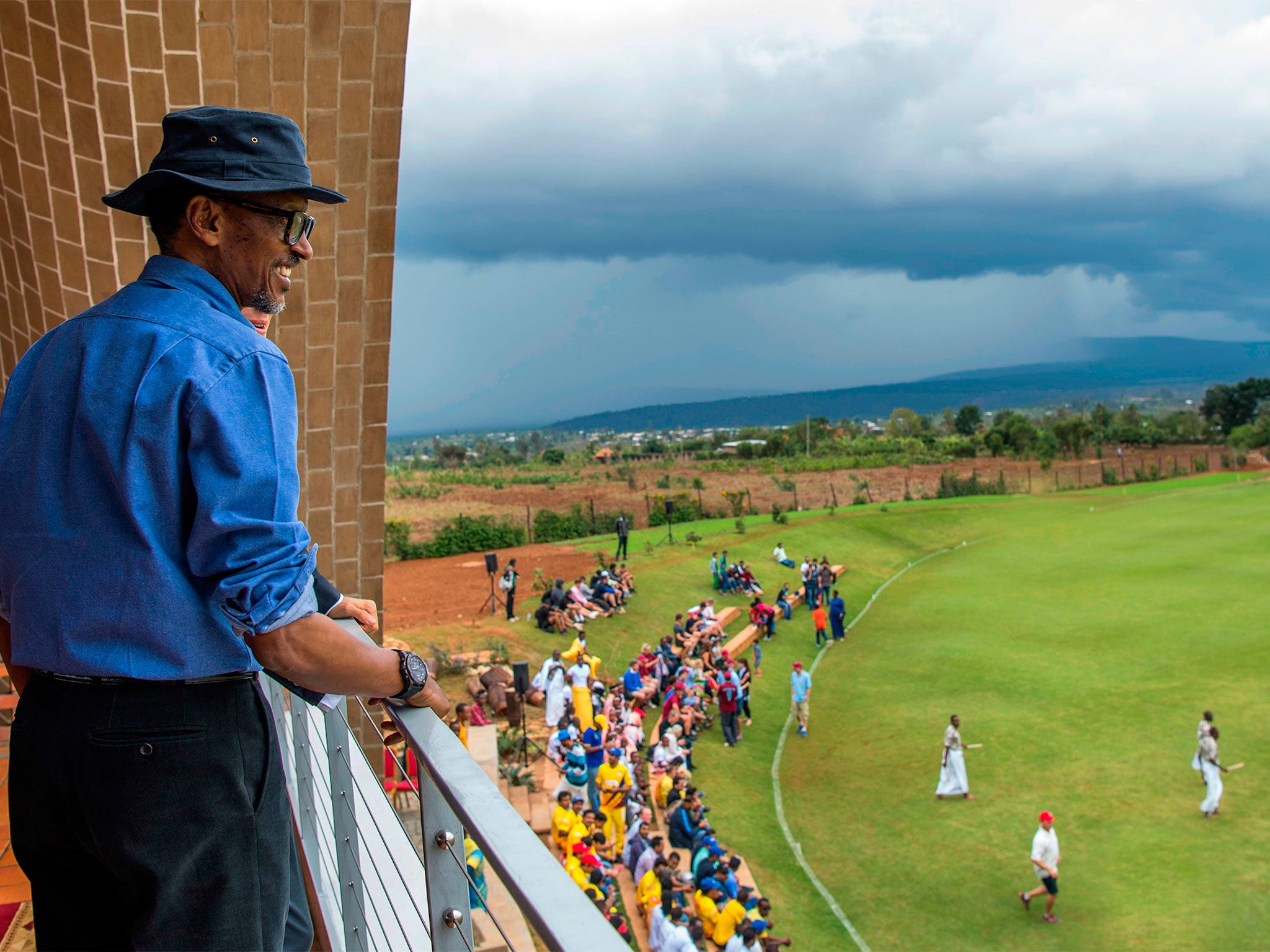 President Paul Kagame reacts as he visits the Gahanga during its official inauguration