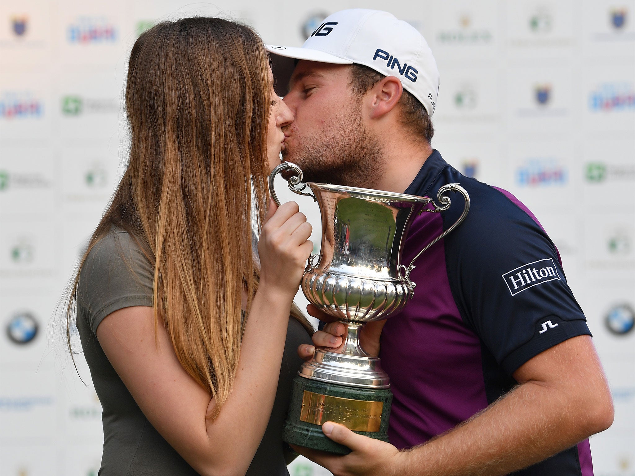 Hatton celebrates his Italian Open title with his girlfriend (Getty)