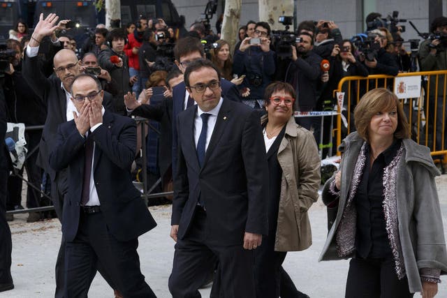 L-r: deposed Catalan leaders Raul Romeva, Josep Rull, Carles Mundo, Jordi Turull, Dolors Bassa and Meritxell Borras arrive at Spain's National High Court ahead of the hearing