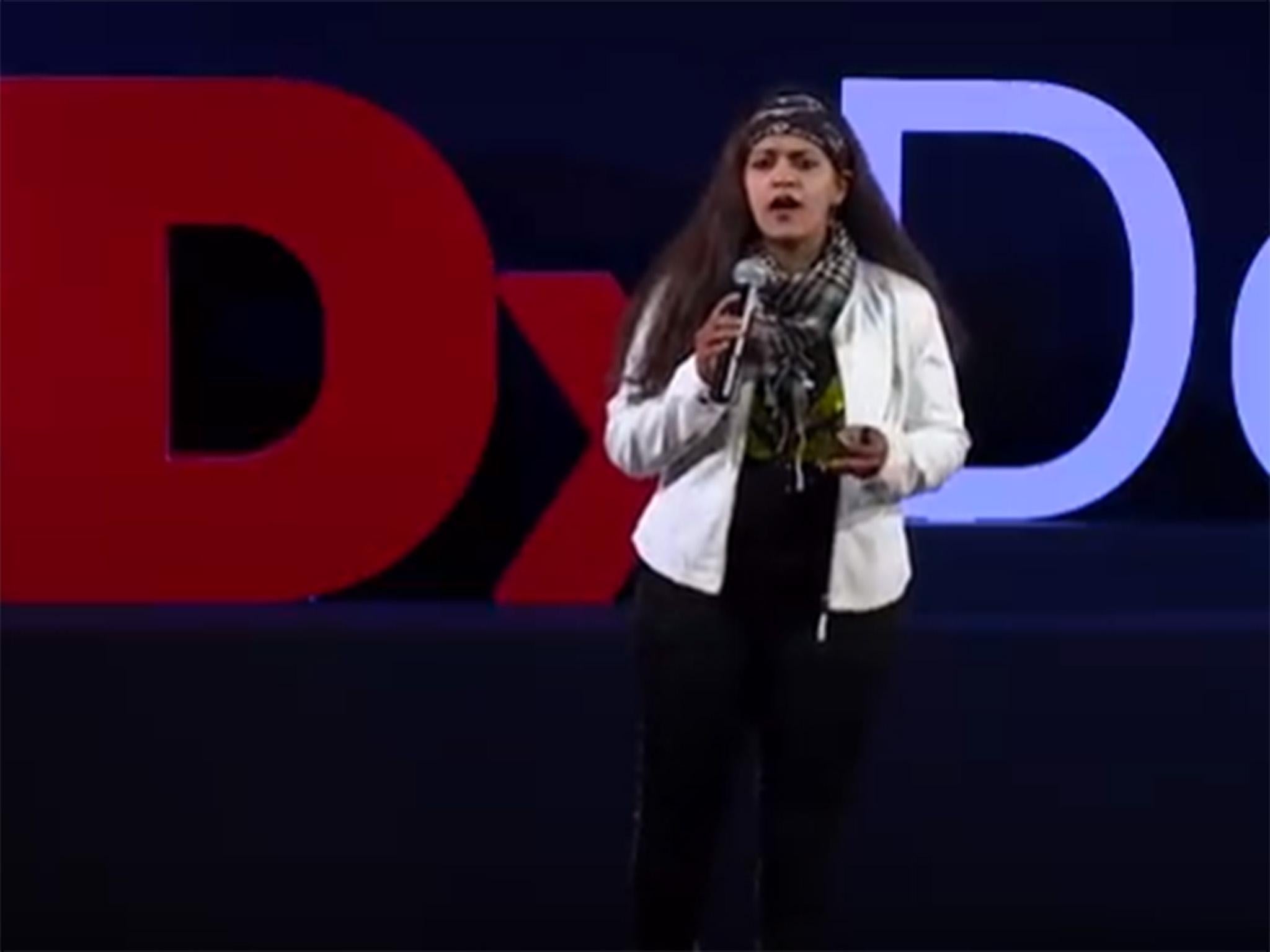 Iqbal giving a TEDx talk in Delhi in June 2017 on her efforts to raise awareness around suicide prevention