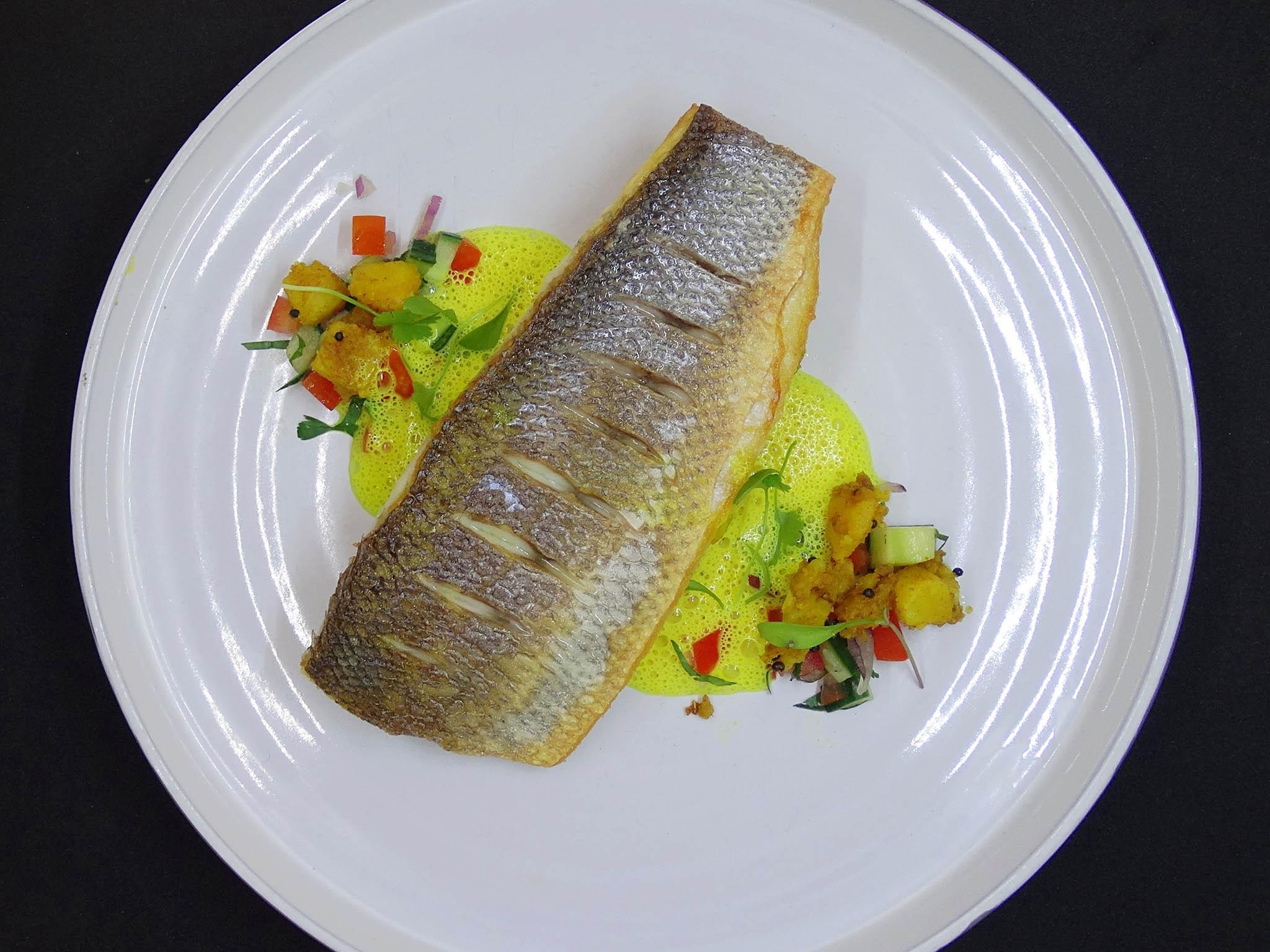 The sea bass is the star of the show with Bombay aloo and tumeric foam