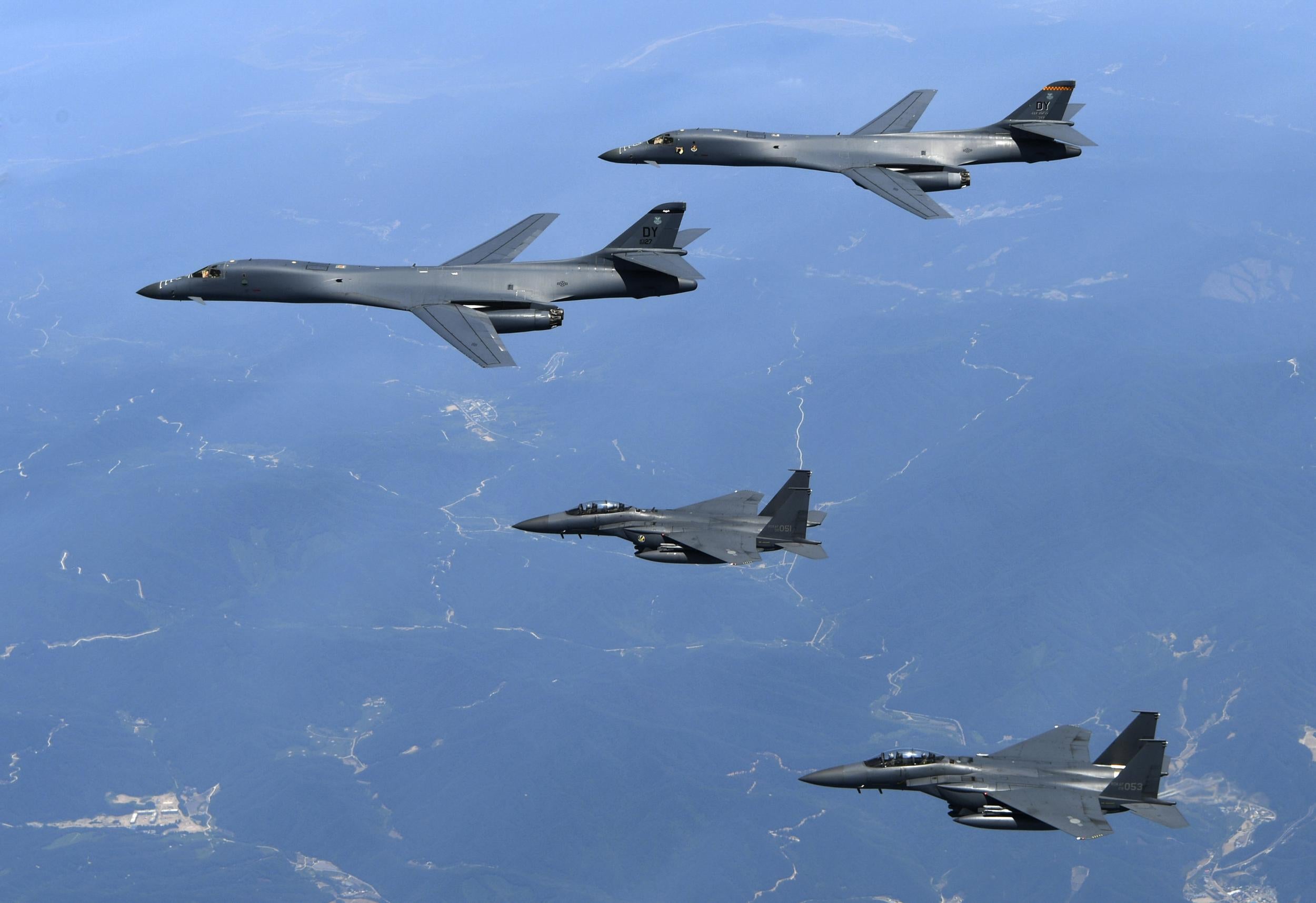 US Air Force B-1B bombers and South Korean fighter jets fly over the Korean peninsula in June