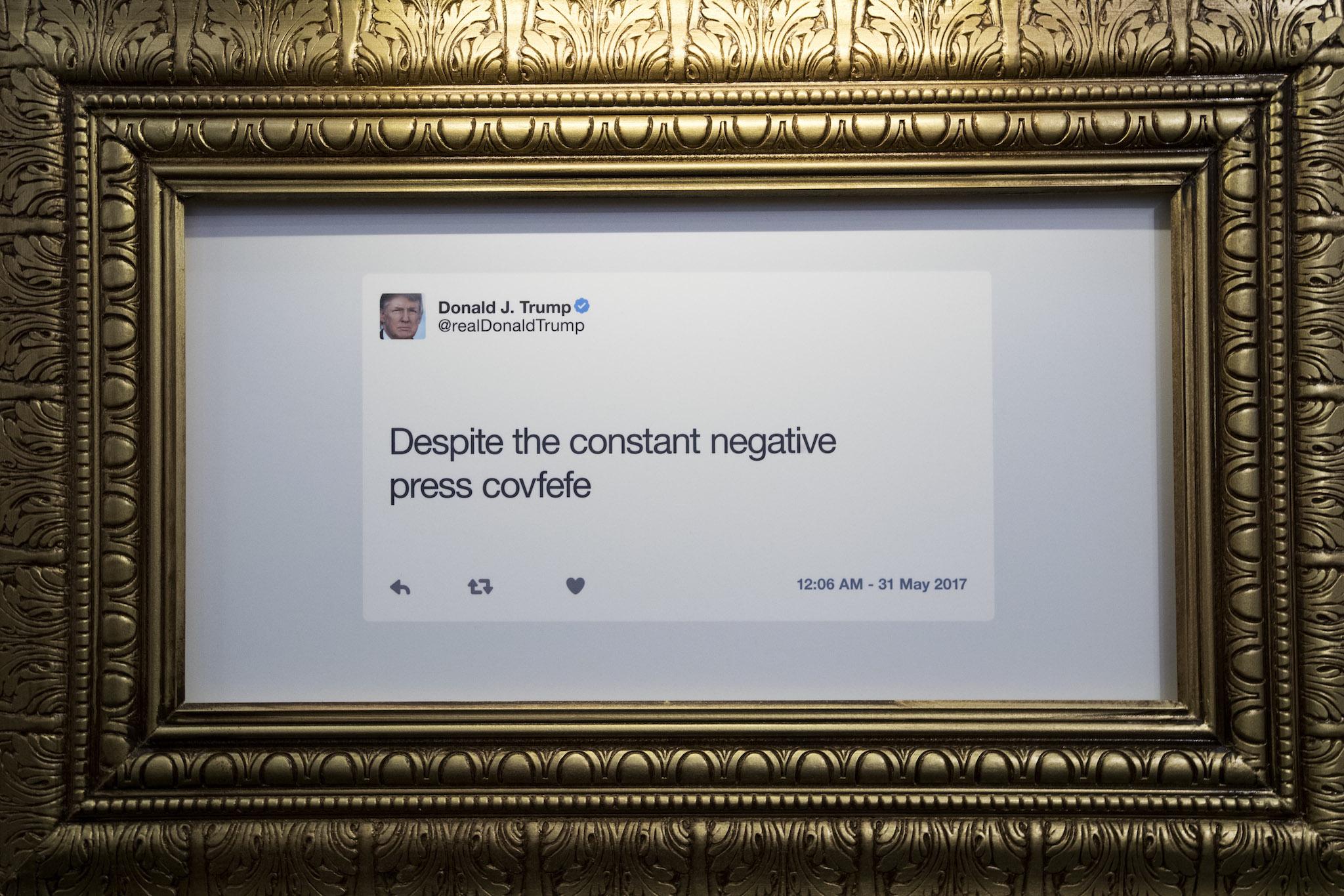 A tweet is displayed at The Daily Show-produced 'Donald J. Trump Presidential Twitter Library' (Photo by Drew Angerer/Getty Images)