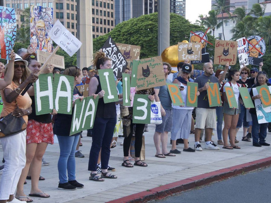 Protesters holding signs line up on Beretania Street during President Donald Trump's visit to Honolulu
