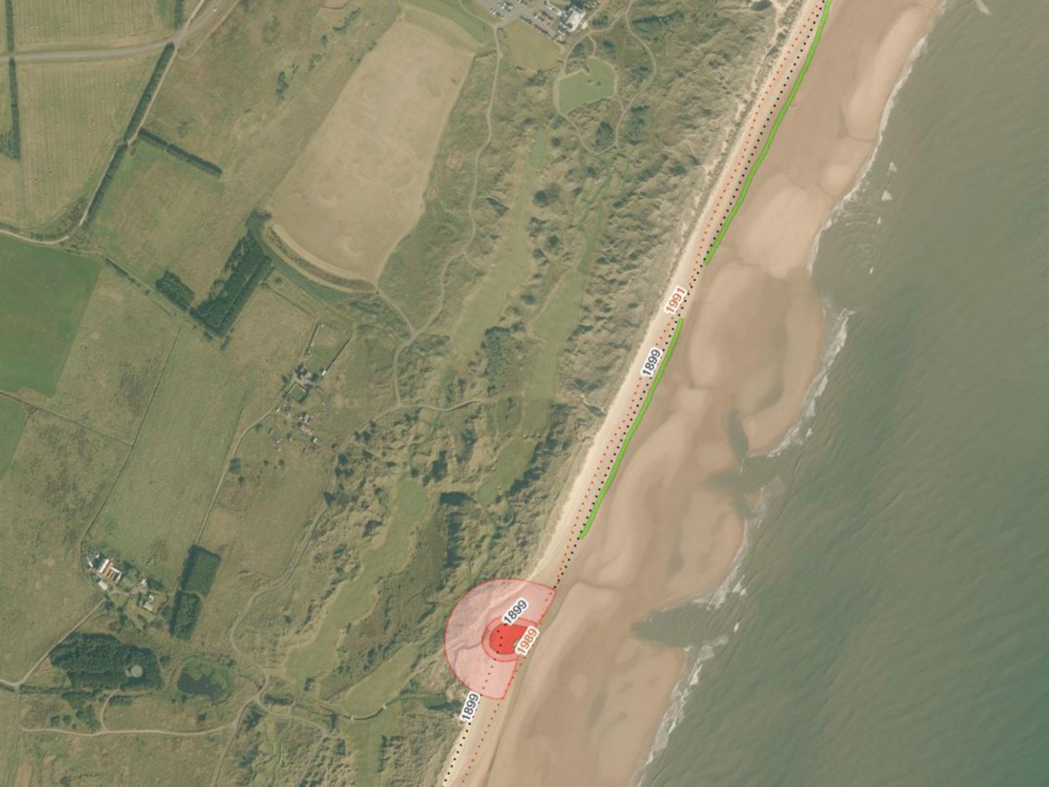 An aerial map showing where the coast is likely to recede. The green line shows how far back the coast will be in 2050 and the red circle marks where erosion will be particularly acute