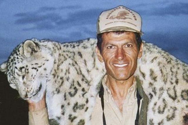 Hossein Golabchi smiles with the big cat draped over his shoulders, which appears to have been shot twice in its hind leg