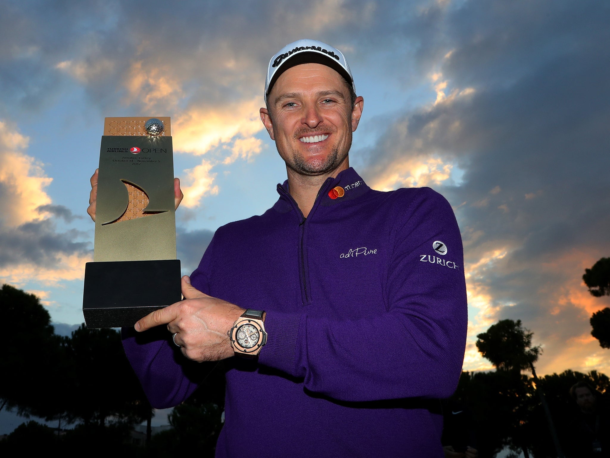Justin Rose celebrates winning the Turkish Airlines Open