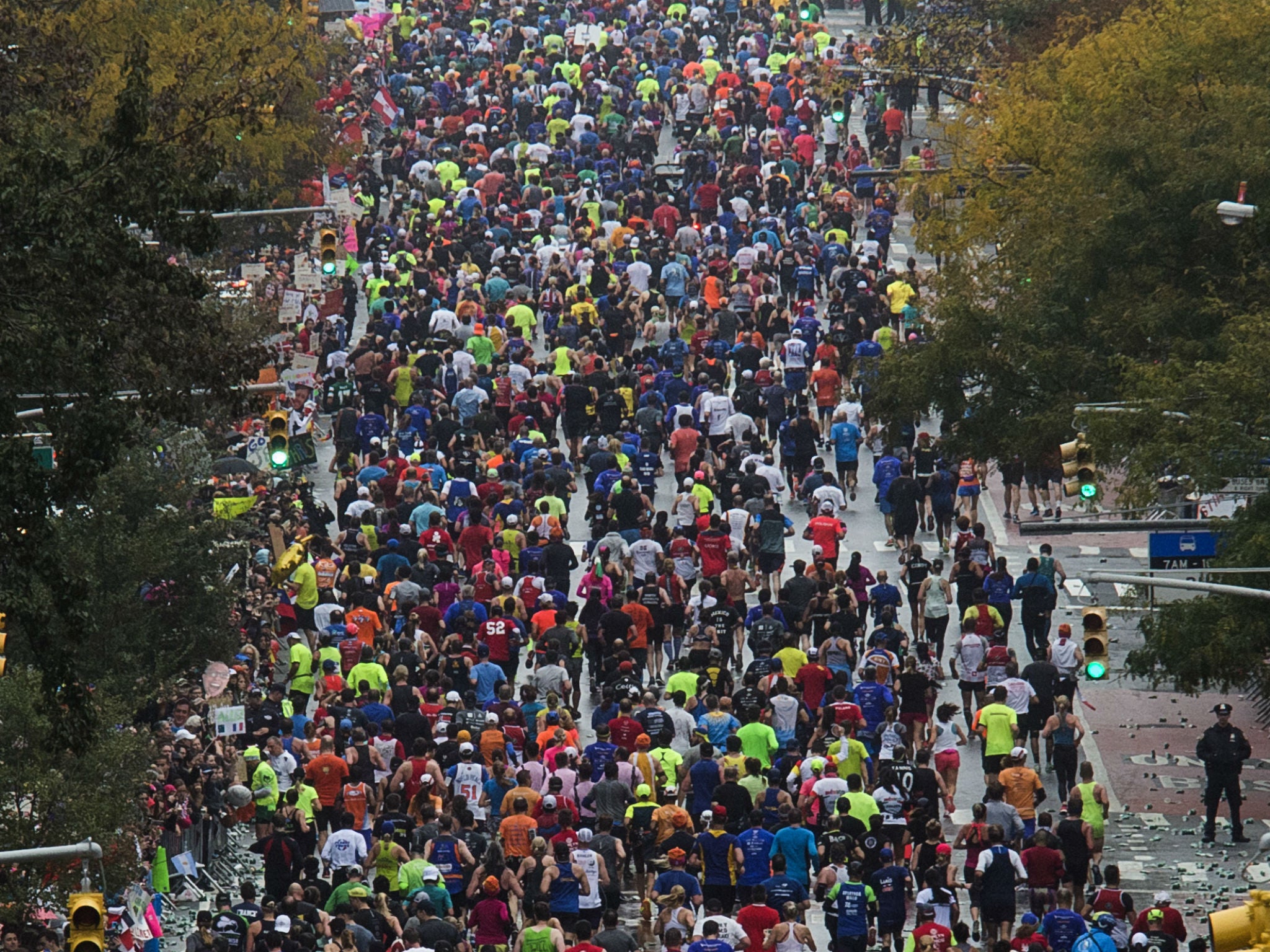 Runners move along First Avenue during the New York City Marathon