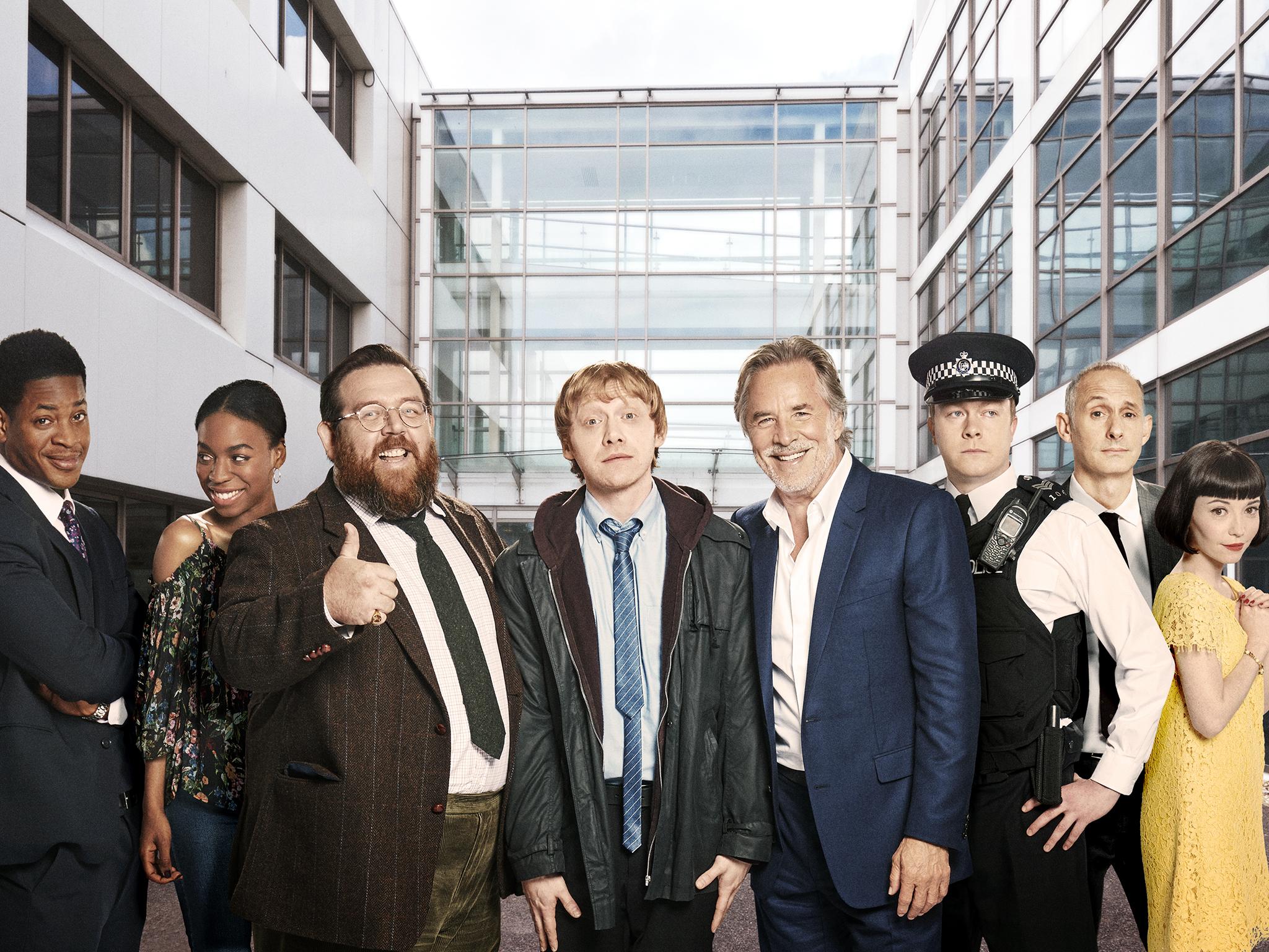 The cast of ‘Sick Note’: Tolu Ogunmefun (Ash), Pippa Bennett Warner (Becca), Frost (Dr Glennis), Grint (Daniel), Don Johnson (Kenny West), Daniel Rigby (Officer Hayward), Karl Theobald (Michael) and Marama Corlett (Linda)