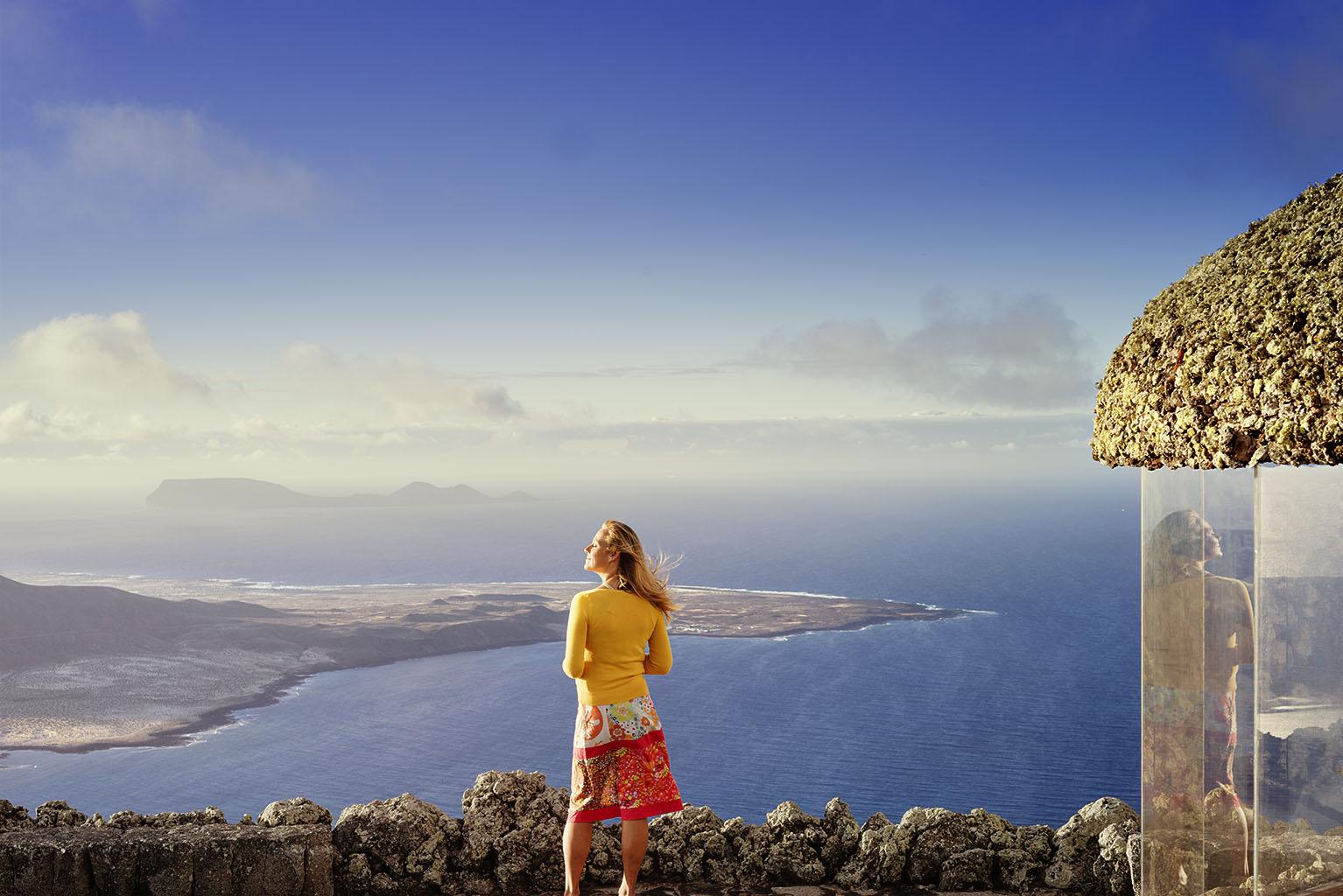 Enjoy stunning views of the mountains and the sea at Mirador del Rio in Lanzarote