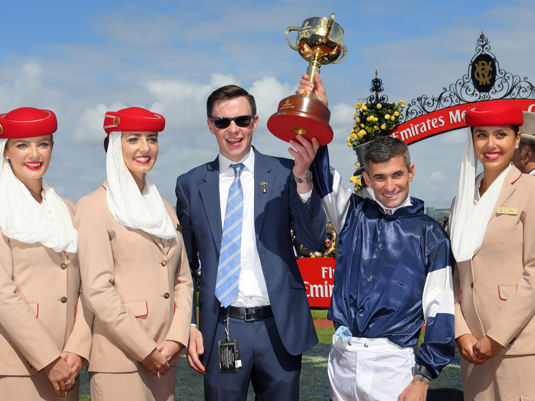 Trainer Joseph O'Brien lifts the Melbourne Cup with jockey Corey Brown