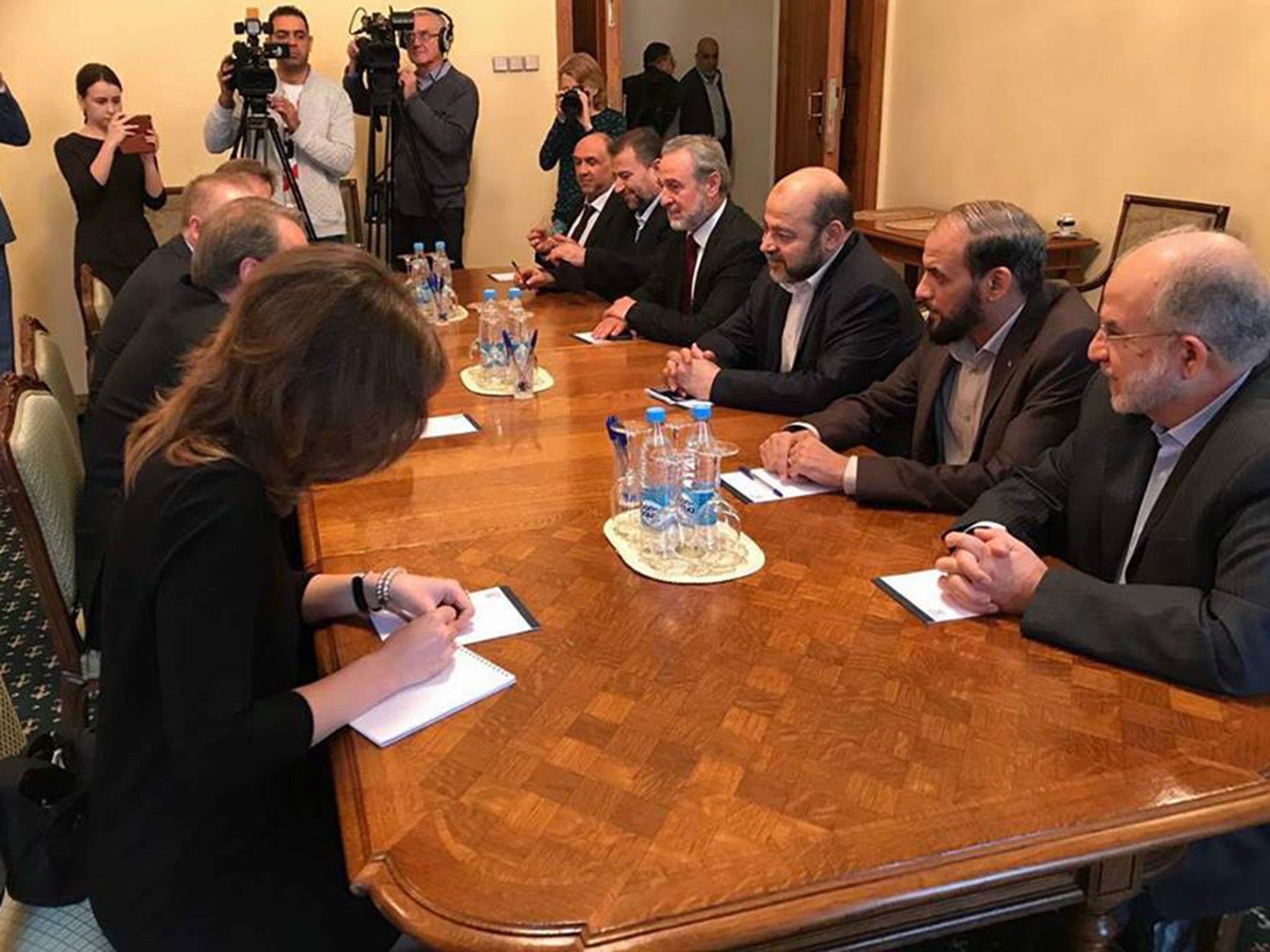 A photo released by Hamas showing delegates meeting Russian officials during a visit to Moscow in September