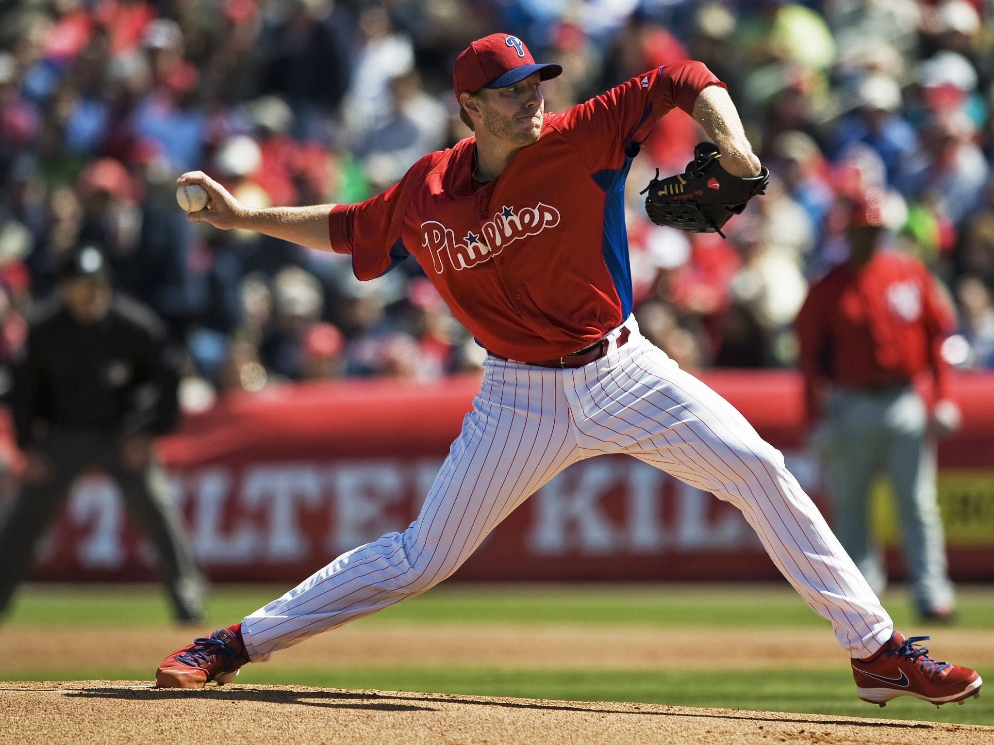Roy Halladay pitches for the Philadelphia Phillies during a spring training game against the Washington Nationals in Clearwater, Florida, on March 6, 2013. The Phillies organisation said it was 'numb' over his death