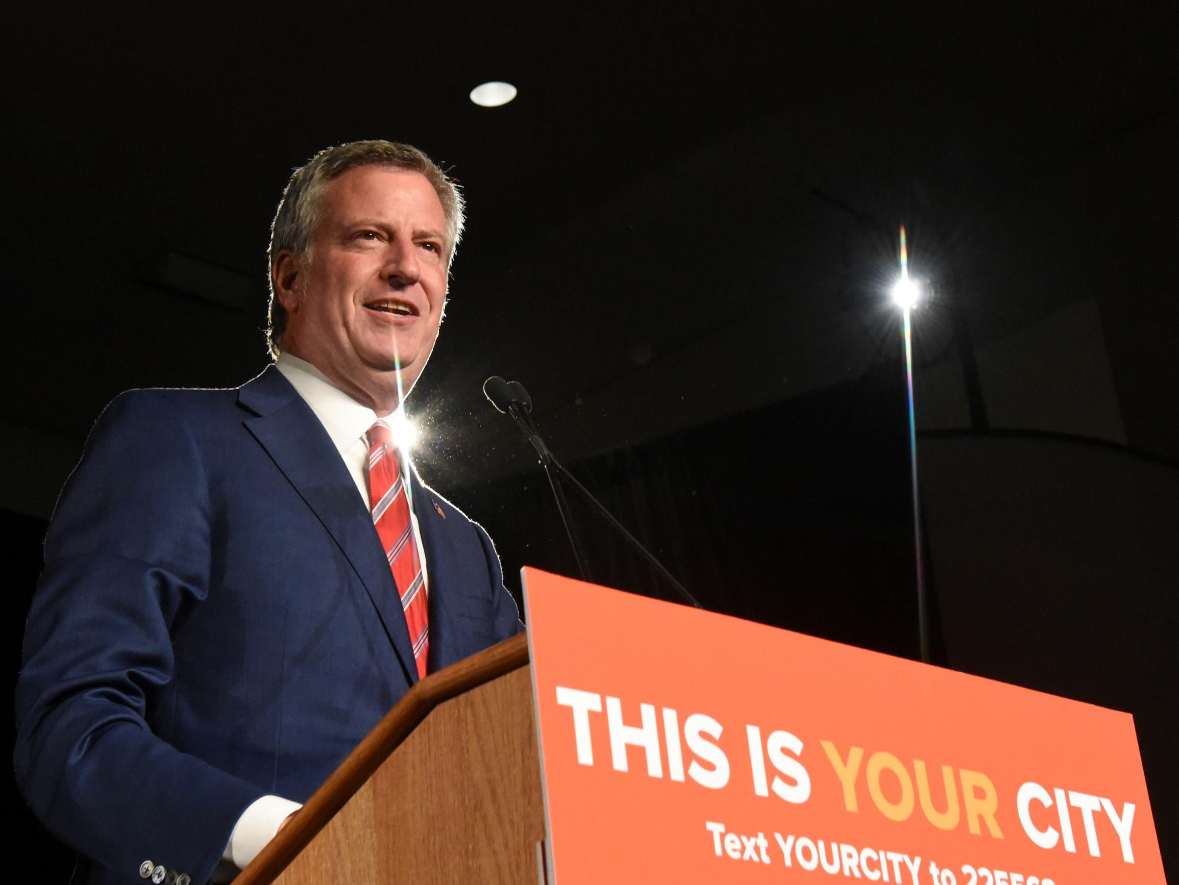 New York Mayor Bill de Blasio addresses supporters after his re-election in New York City