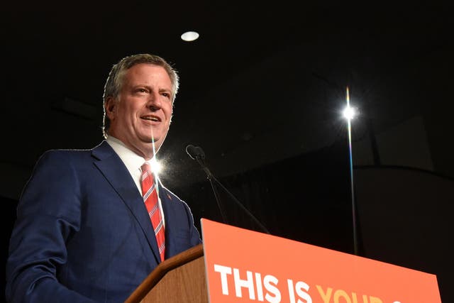New York Mayor Bill de Blasio addresses supporters after his re-election in New York City