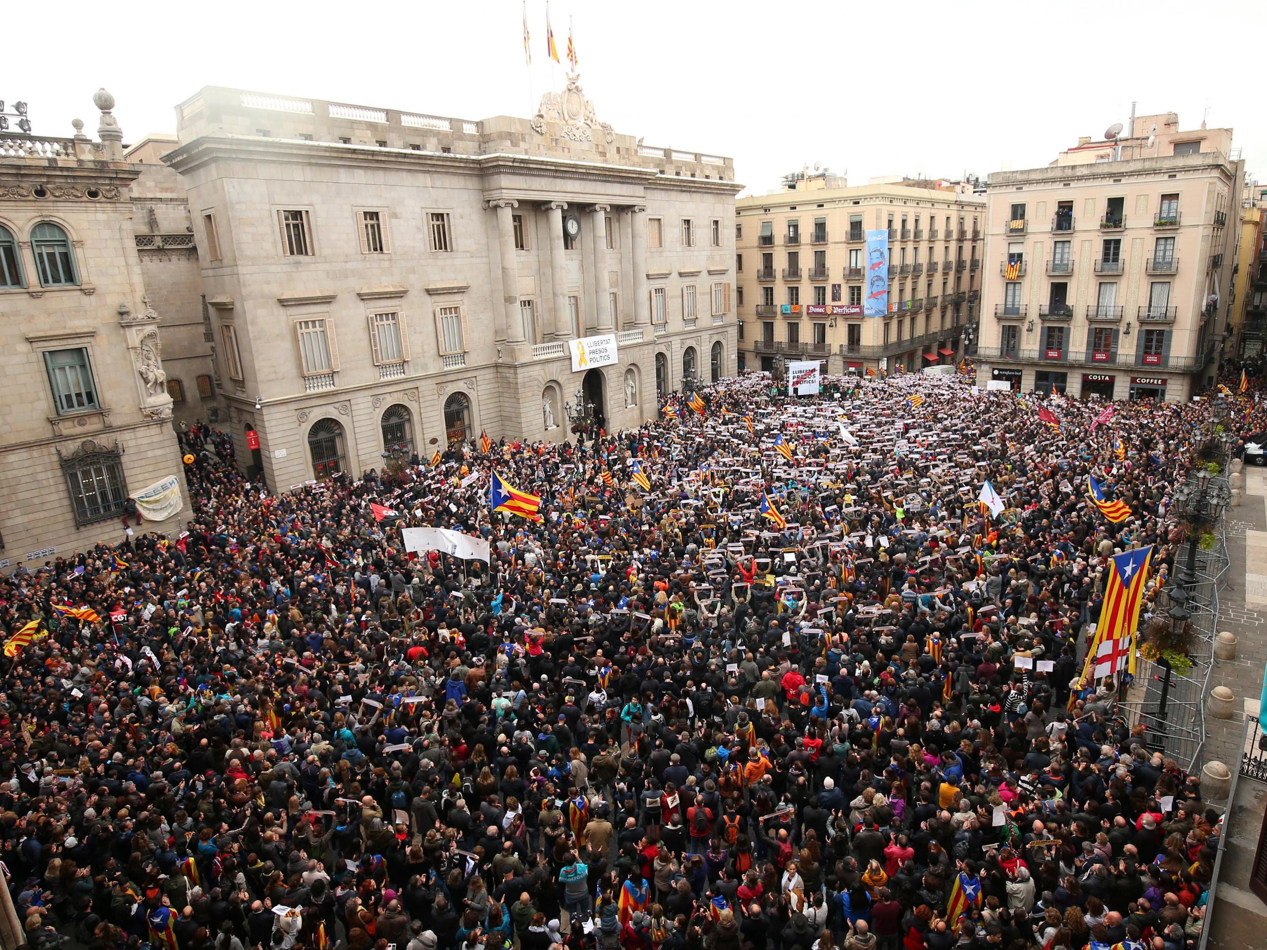 Protesters rally in St James’s Square, Barcelona