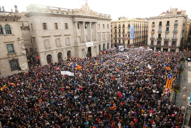 Protesters rally in St James’s Square, Barcelona