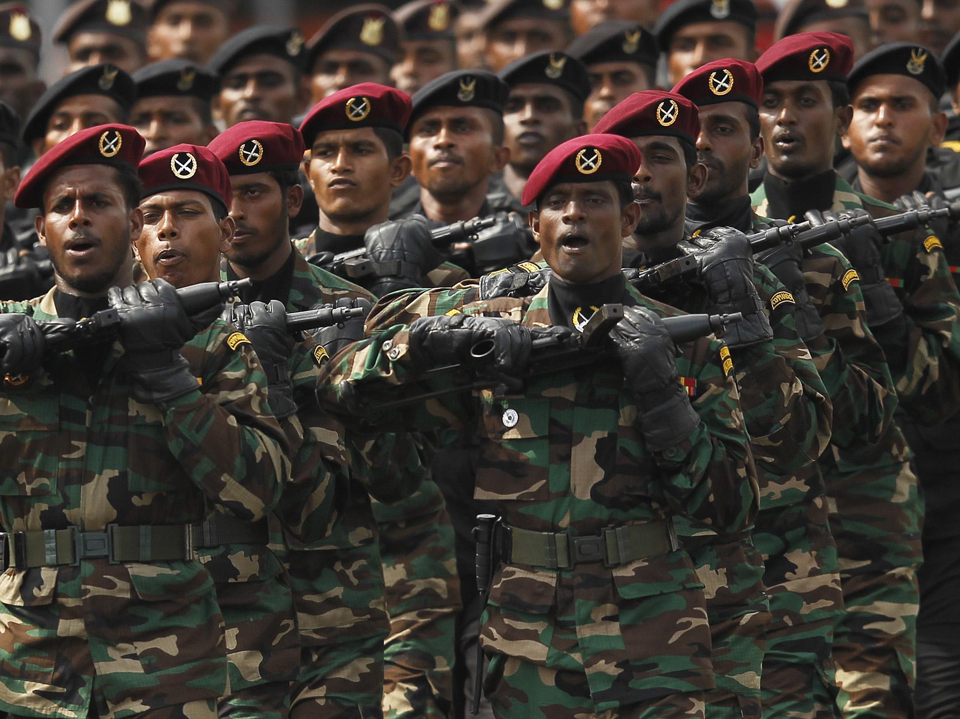 Sri Lankan army commandos march during a War Victory Parade in Colombo in 2013, marking the anniversary of the conflict's conclusion