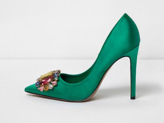 Green Satin Jewel Embellished Court Shoes, ?48, River Island