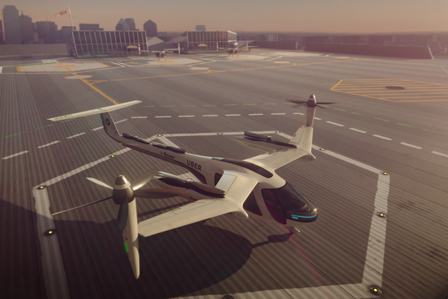 A model of Uber's planned aircraft, which the company hopes to have open to customers in time for the 2028 Los Angeles Olympics