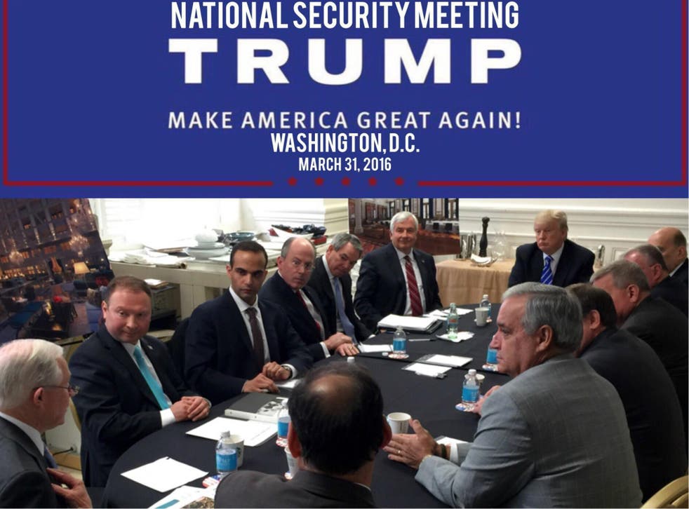 George Papadopoulos, third from left, sits at a table with then-candidate Trump and others at what is labelled at a national security meeting in Washington that was posted on 31 March 2016.