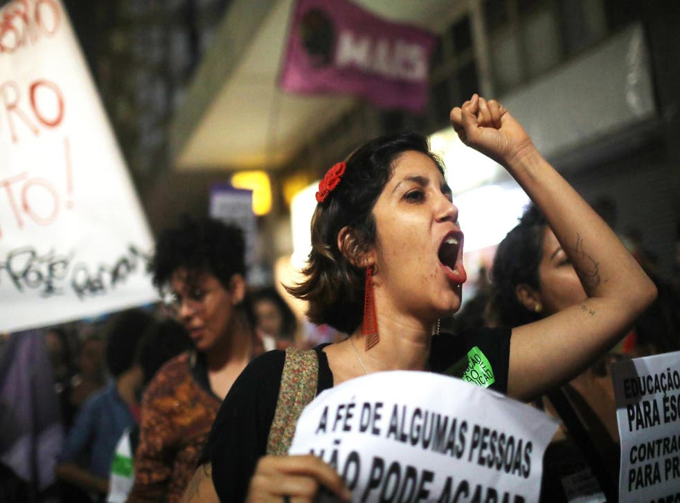 Women march for pro-choice rights in Rio de Janeiro, Brazil, on 28 September