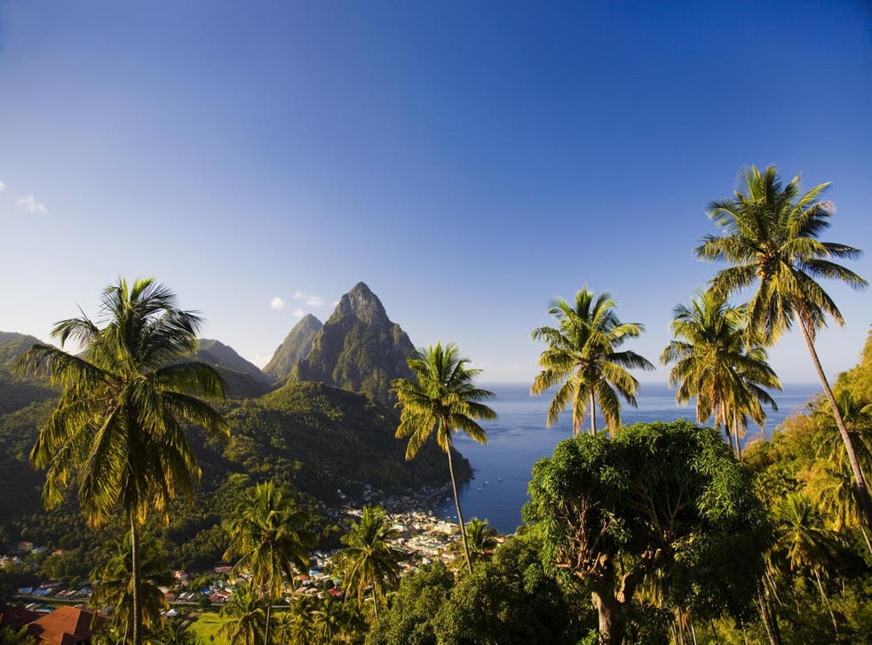 The stunning volcanic Pitons cones in St. Lucia