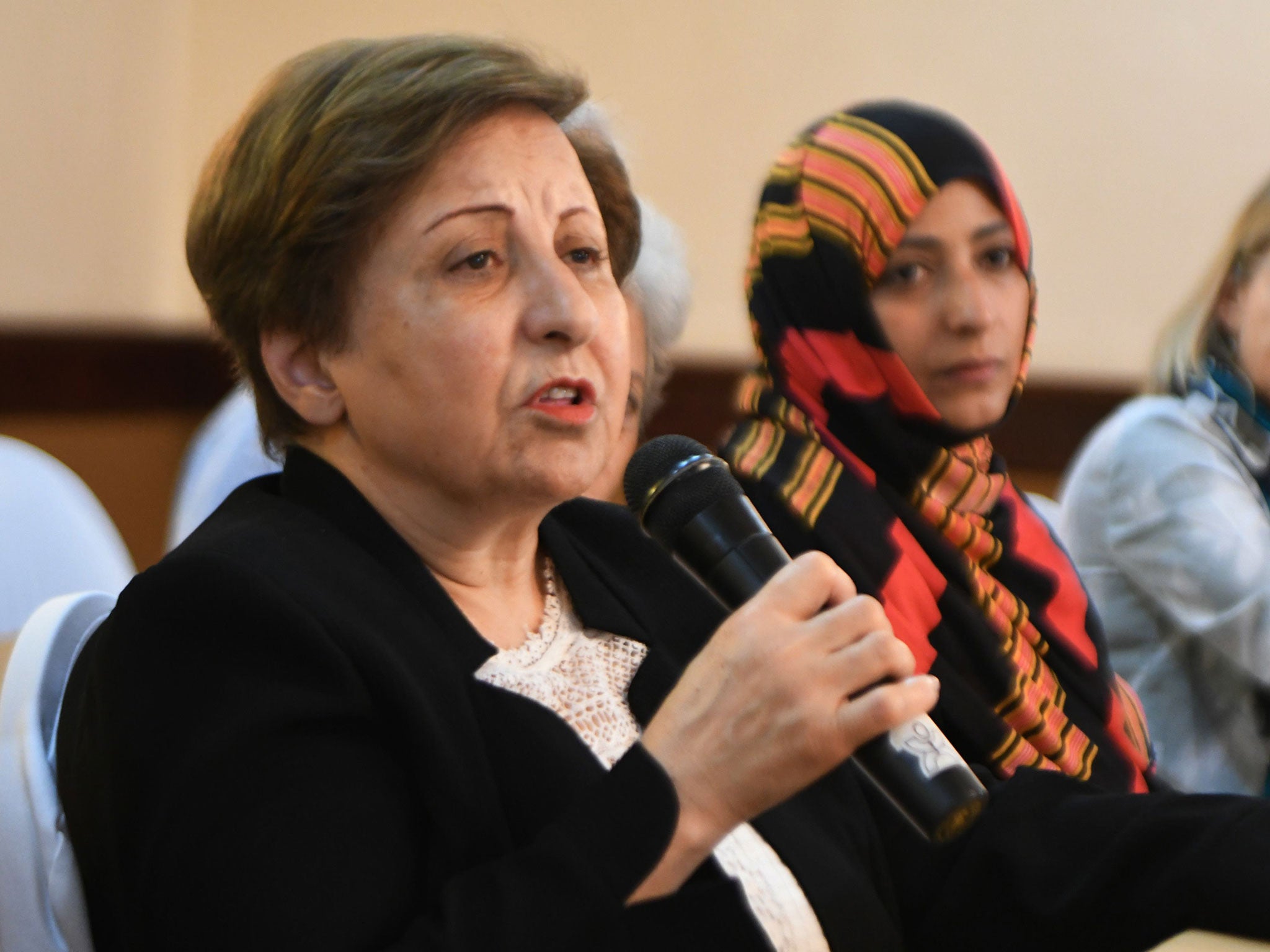 Nobel Peace Prize laureate Iranian Shirin Ebadi addresses a press conference in Honduras in October