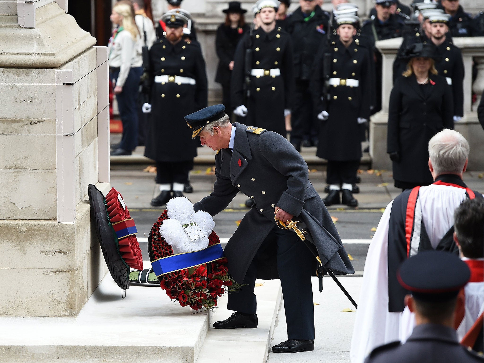 The Prince of Wales lays a wreath at the Cenotaph during Remembrance Sunday