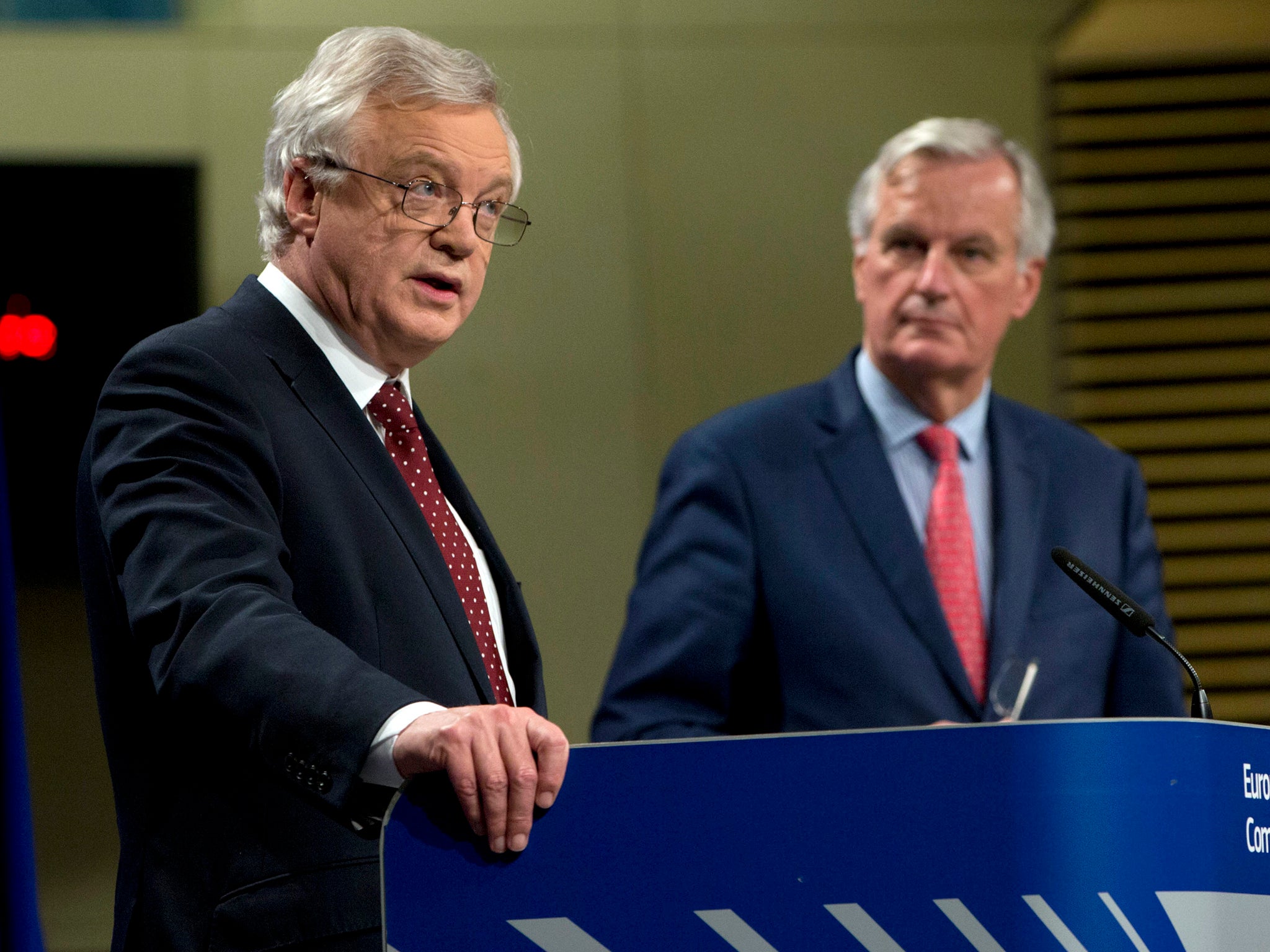 Michel Barnier and David Davis during a conference at the EU headquarters in Brussels